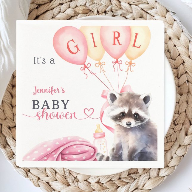 Raccoon Baby Shower Girl Pink Cute Paper Napkins (Creator Uploaded)