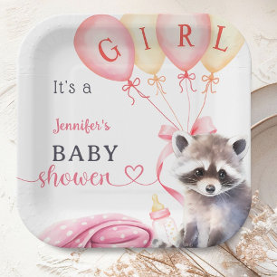 Raccoon Baby Shower Girl Pink Cute Paper Paper Plates