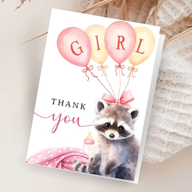 Raccoon Baby Shower Girl Pink Folded Thank You Card (Creator Uploaded)