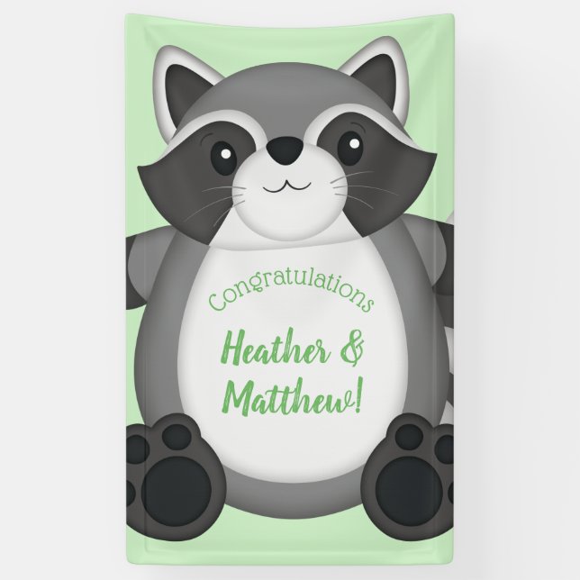Raccoon Baby Shower Green Banner (Vertical)