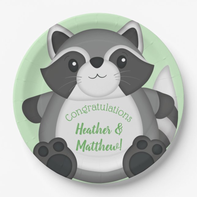 Raccoon Baby Shower Green Paper Plates (Front)