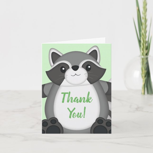 Raccoon Baby Shower Green Thank You Card (Front)