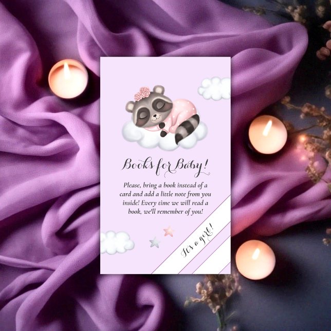 Raccoon Baby Shower Lavender Books For Baby Enclosure Card (Raccoon Animal Girl Baby Shower Books For Baby Enclosure Card)