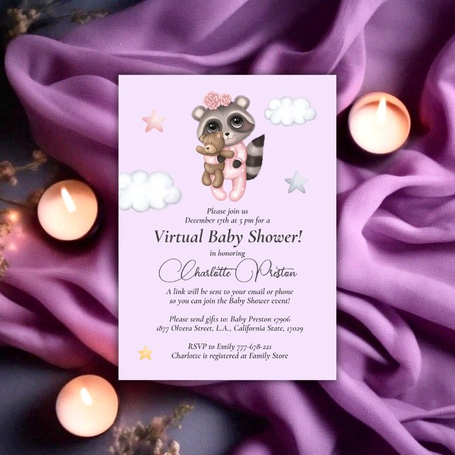 Raccoon Baby Shower Lavender Virtual Invitation (Gentle Raccoon Animal Girl Baby Shower Virtual Invitation)