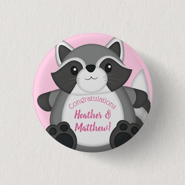 Raccoon Baby Shower Pink Button (Front)