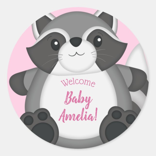 Raccoon Baby Shower Pink Classic Round Sticker (Front)