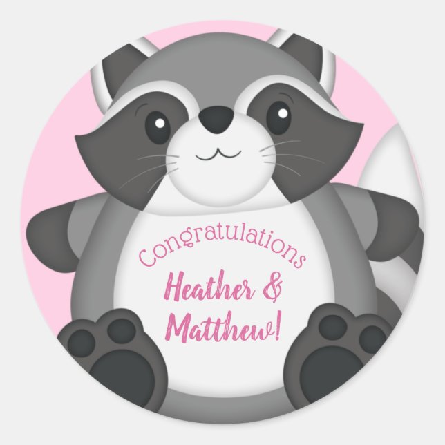 Raccoon Baby Shower Pink Classic Round Sticker (Front)