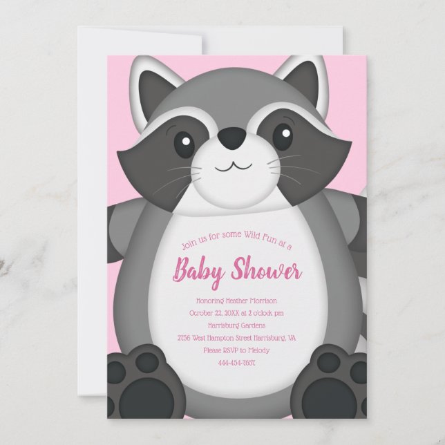 Raccoon Baby Shower Pink Invitation (Front)
