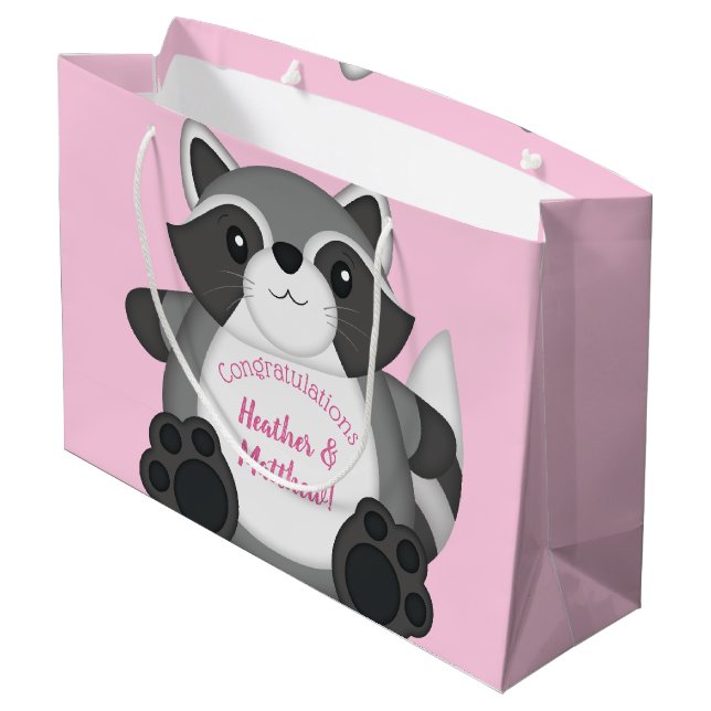 Raccoon Baby Shower Pink Large Gift Bag (Back Angled)