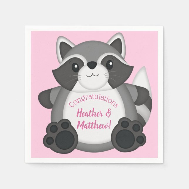 Raccoon Baby Shower Pink Napkins (Front)