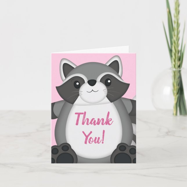 Raccoon Baby Shower Pink Thank You Card (Front)
