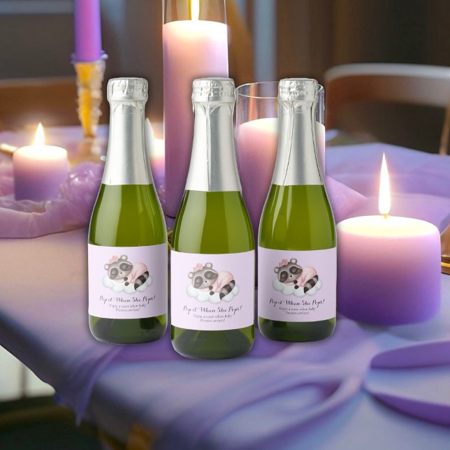 Raccoon Baby Shower Pop It When She Pops Sparkling Wine Label (Raccoon Girl Baby Shower Pop It When She Pops Sparkling Wine Label)