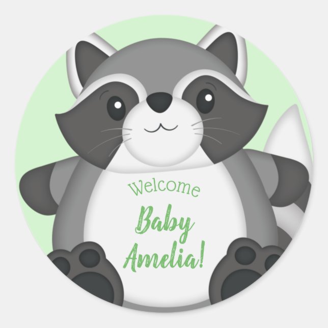 Raccoon Baby Shower Woodland Classic Round Sticker (Front)