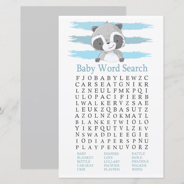 Raccoon Baby Shower Word Search Game (Front/Back)