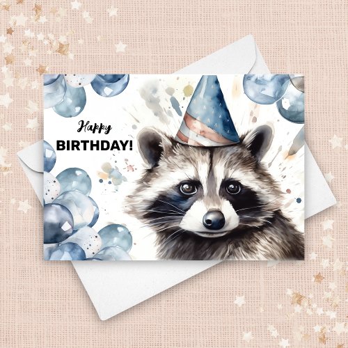 Raccoon Balloons and Party Hat Wildlife Birthday Card