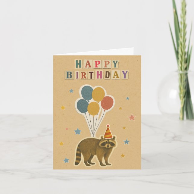 Raccoon Birthday Card on Kraft Background (Front)
