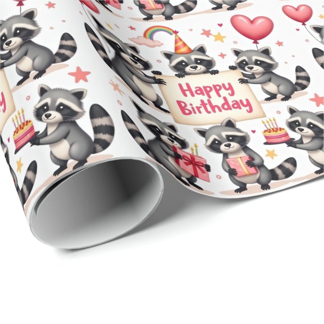 Raccoon Birthday Celebration Scene - Birthday Wrapping Paper (Roll Corner)