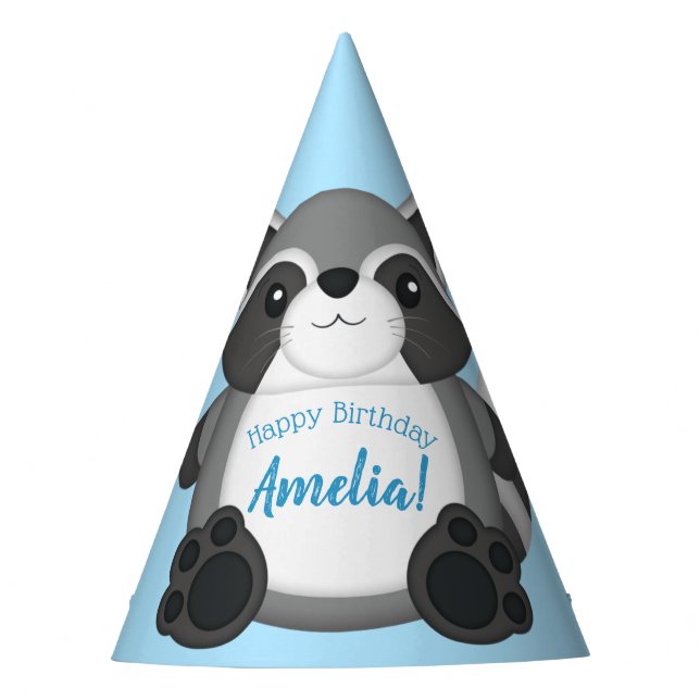 Raccoon Birthday Party Blue Party Hat (Front)