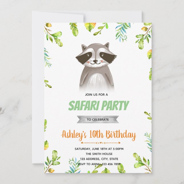 Raccoon birthday party invitation (Front)