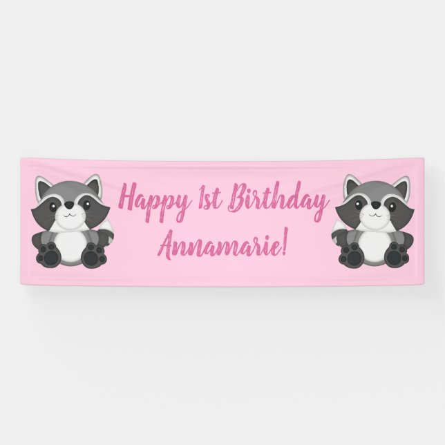Raccoon Birthday Party Pink Banner (Horizontal)