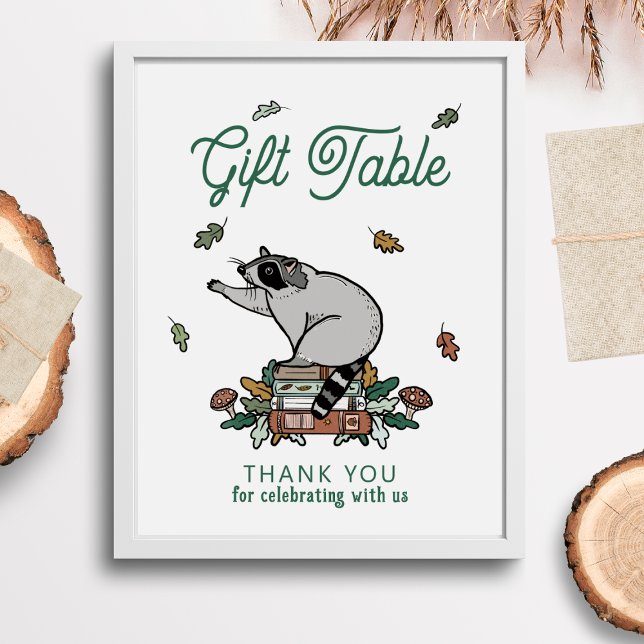 Raccoon Book Themed Party Gift Table Sign (Woodland Storybook Baby Shower Gift Table Sign)