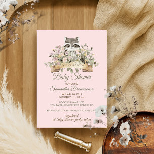 Raccoon Botanical Pink Baby Shower Invitation