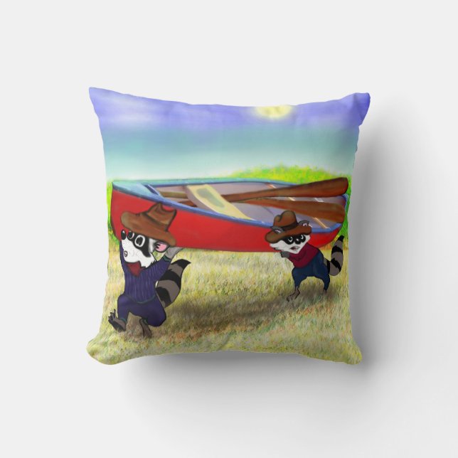 Raccoon Brothers and the Red Canoe Throw Pillow (Front)