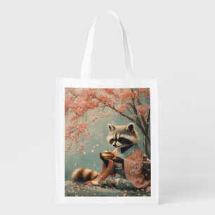 Raccoon Buddha: Peaceful Tea Under Cherry Tree Grocery Bag