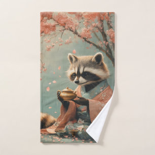 Raccoon Buddha: Peaceful Tea Under Cherry Tree Hand Towel
