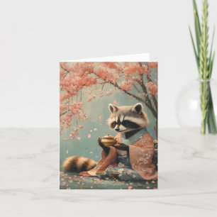 Raccoon Buddha: Peaceful Tea Under Cherry Tree Holiday Card