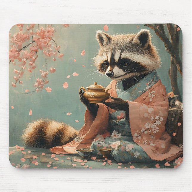 Raccoon Buddha: Peaceful Tea Under Cherry Tree Mouse Pad (Front)