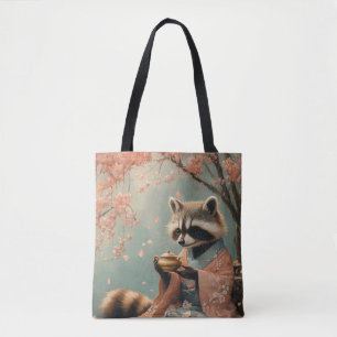 Raccoon Buddha: Peaceful Tea Under Cherry Tree Tote Bag