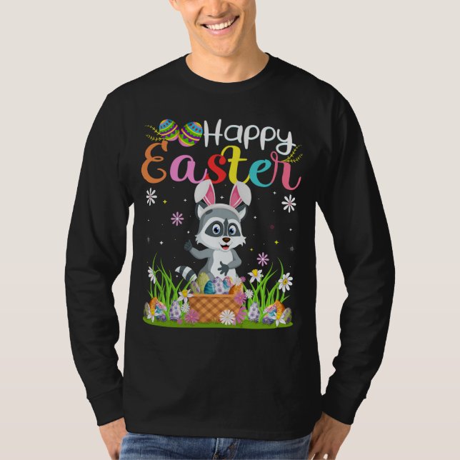 Raccoon Bunny Egg Hunting Funny Raccoon Happy East T-Shirt (Front)