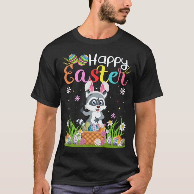 Raccoon Bunny Egg Hunting Funny Raccoon Happy East T-Shirt (Front)