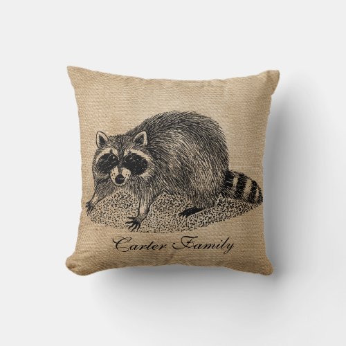 Raccoon Burlap Personalized Throw Pillow