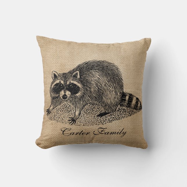 Raccoon Burlap Personalized Throw Pillow (Front)