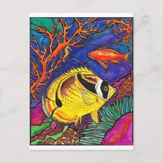 Raccoon Butterflyfish and Seahorse Art Postcard (Front)