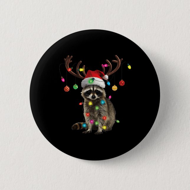 Raccoon Christmas Lights Funny Xmas Party Family M Button (Front)