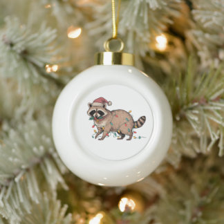 Raccoon Christmas Lights Santa Hat Trash Panda Ceramic Ball Christmas Ornament