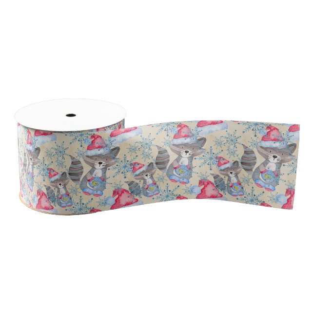 Raccoon Christmas Pattern Grosgrain Ribbon (Spool)