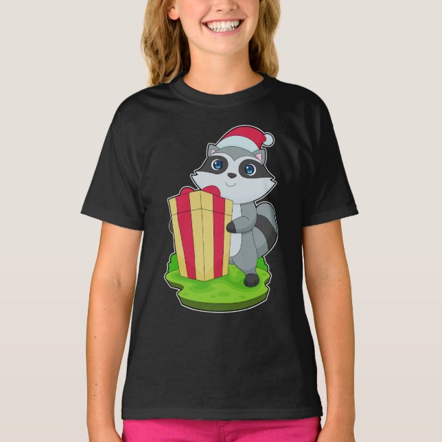 Raccoon Christmas Santa hat T-Shirt (Front)