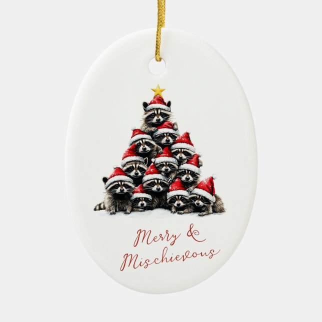 Raccoon Christmas Tree Cute Personalized Name Ceramic Ornament (Front)