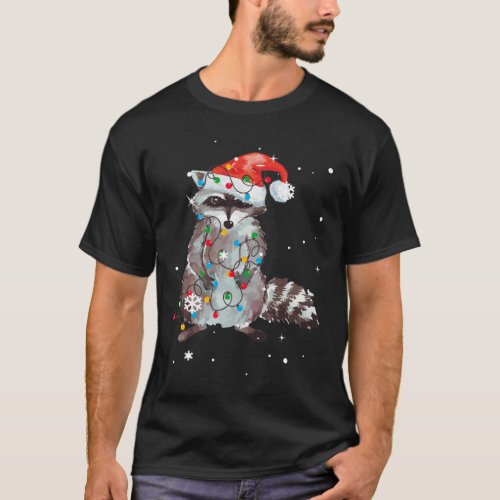 Raccoon Christmas Tree Lights Pajama Raccoon Lover T_Shirt