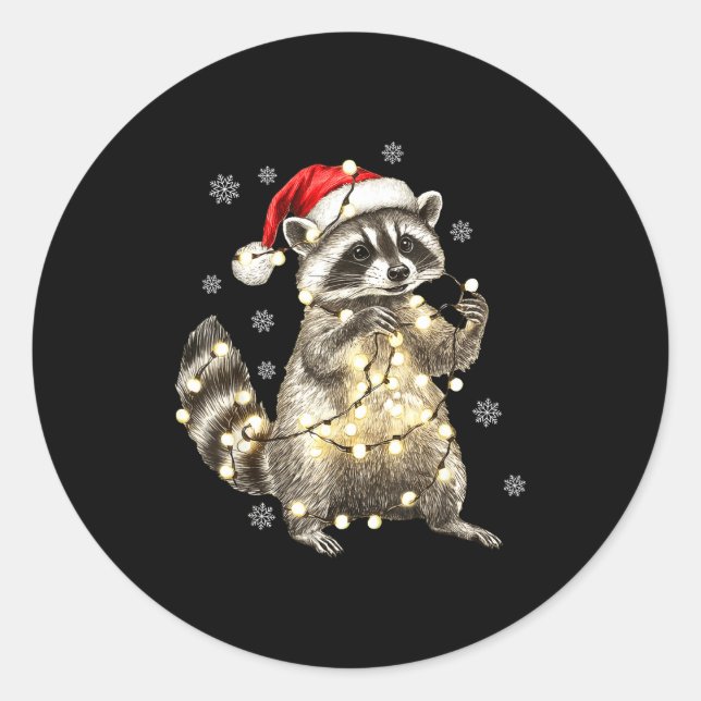 Raccoon Christmas Tree Lights Pajama Racoon Lover  Classic Round Sticker (Front)