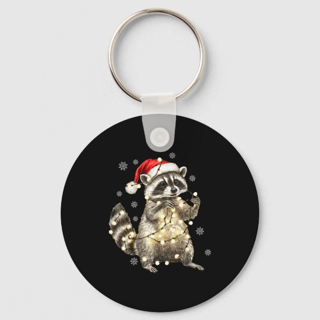 Raccoon Christmas Tree Lights Pajama Racoon Lover  Keychain (Front)