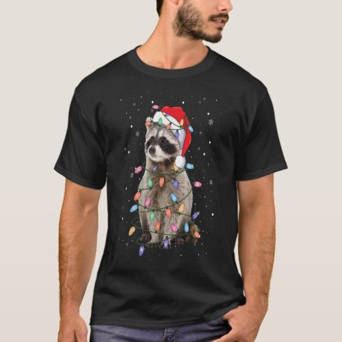 Raccoon Christmas Tree Lights Pajama Racoon Lover T_Shirt