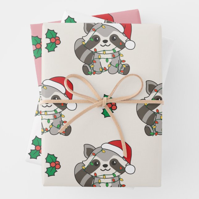 Raccoon Christmas Winter Animals Holiday Raccoons Wrapping Paper Sheets (In situ)