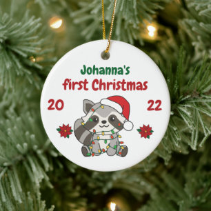 Raccoon Christmas Winter Babys first Christmas Ceramic Ornament