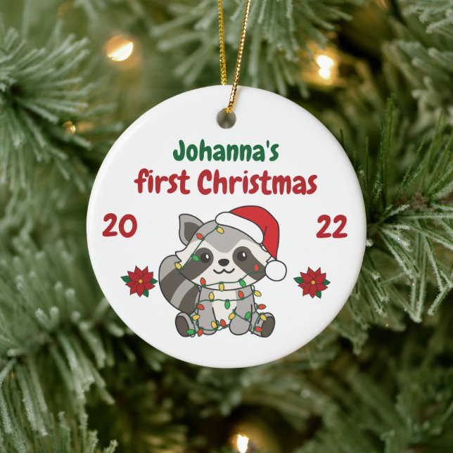 Raccoon Christmas Winter Babys first Christmas Ceramic Ornament (Tree)