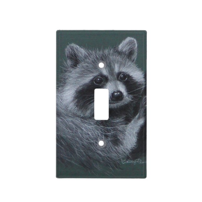 Raccoon climbing tree green light switch cover (Front)